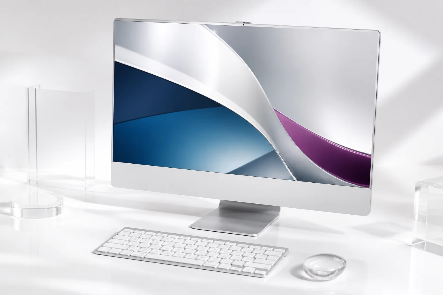 AI visual content mockup with a silver computer and deep blue and plum screen graphics