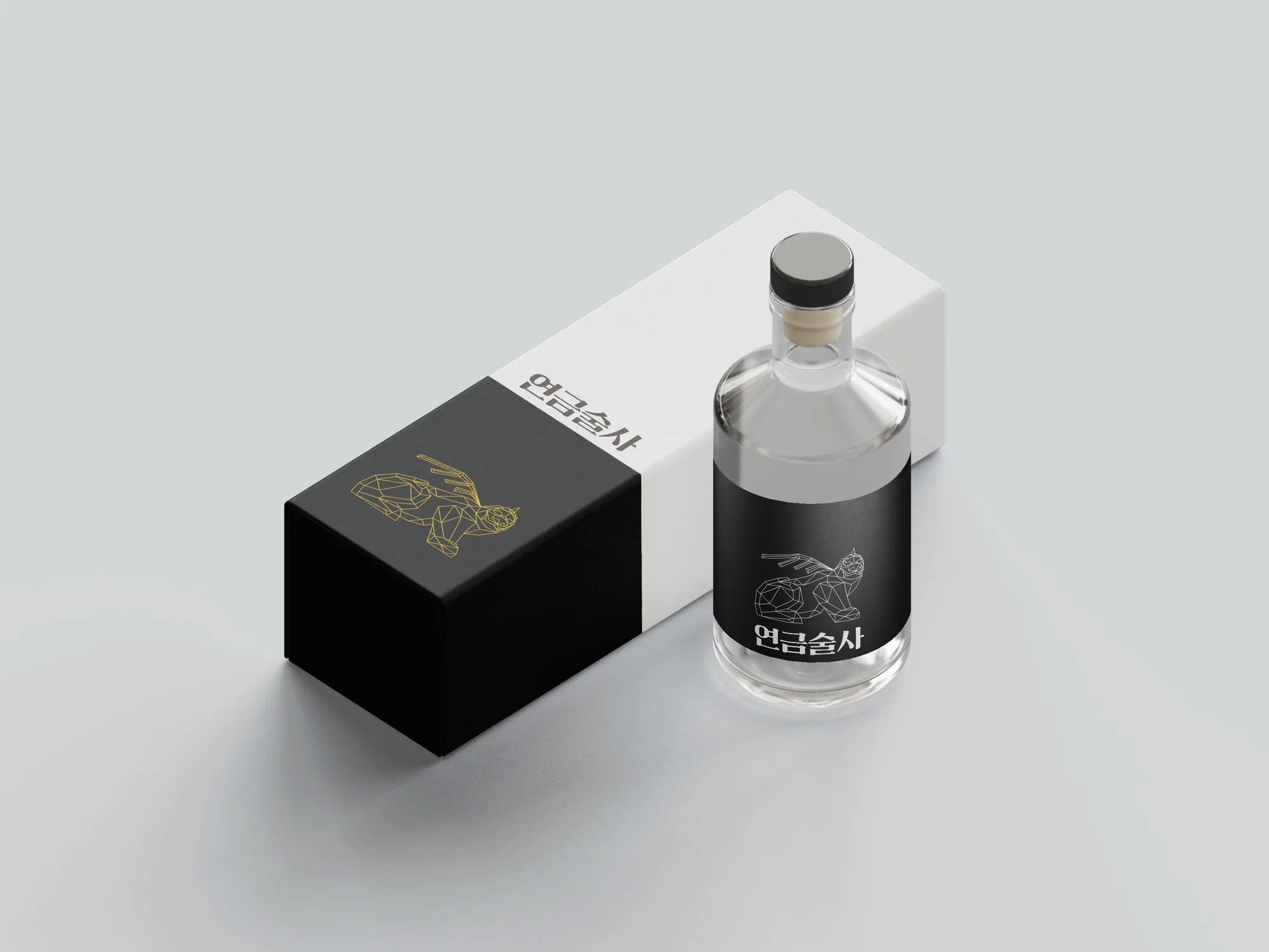 Alchemist traditional Korean liquor bottle and package box mockup